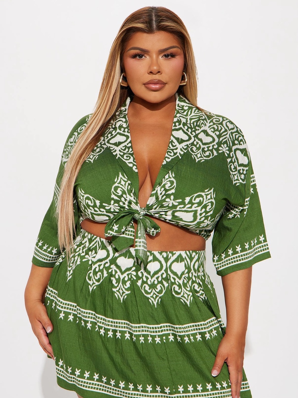 Fashion Nova Olive & White Printed Tie-Front Crop Top and Skirt Set